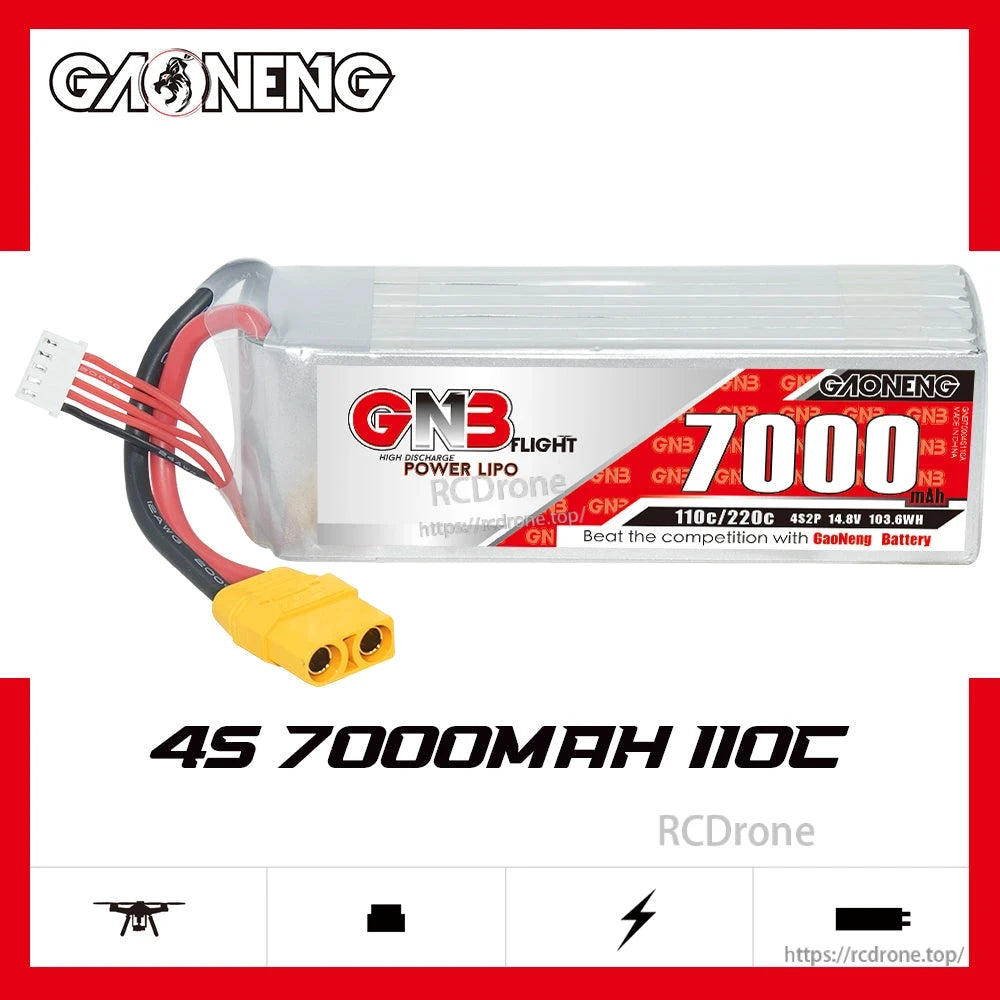 GAONENG GNB 4S 7000mAh 110C LiPo battery side view with on-image text '4S 7000mAh 110C'
