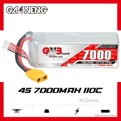 GAONENG GNB 4S 7000mAh 110C LiPo battery side view with on-image text '4S 7000mAh 110C'