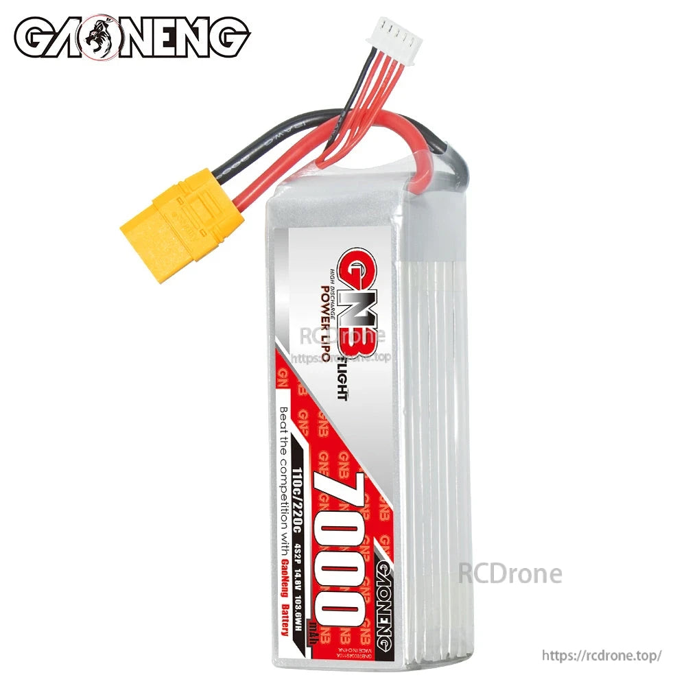 GAONENG GNB 7000mAh LiPo battery upright view showing full label and attached XT90 plug