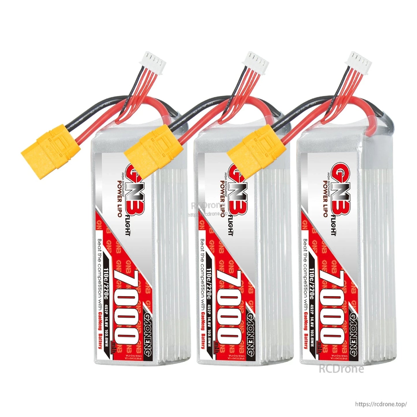 Three GNB LiPo batteries displayed together, each with yellow XT90 connector and balance lead