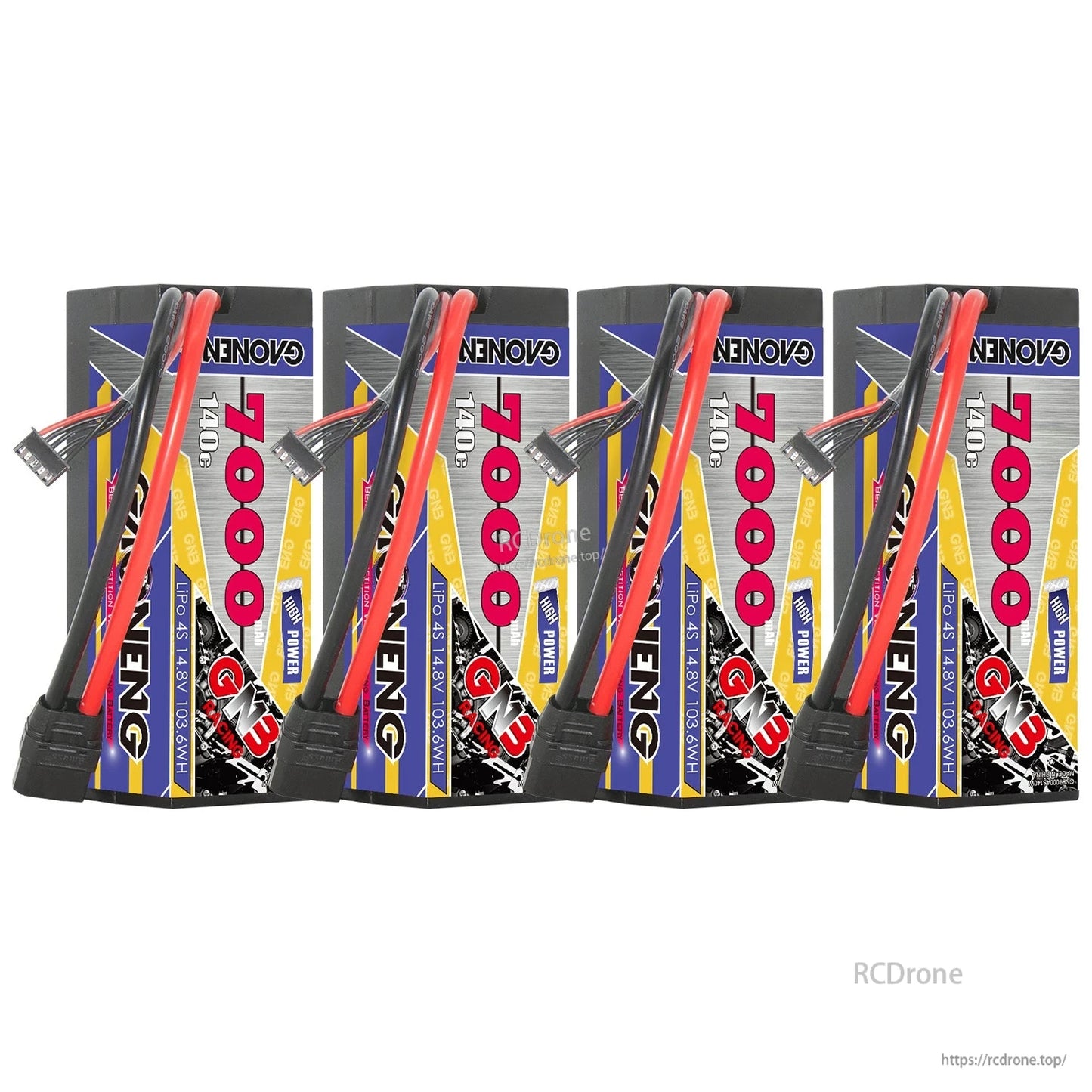 Four-pack set of GAONENG hard case LiPo batteries with XT90 connectors and balance leads