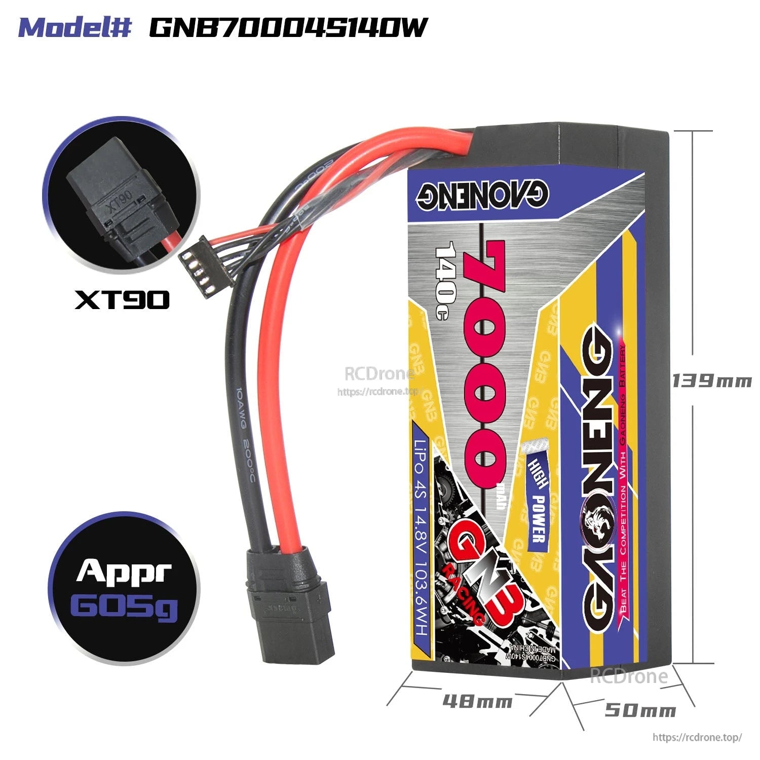 GNB70004S140W battery size and weight diagram with XT90 connector close-up and dimensions