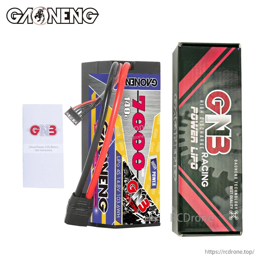 Package contents: GAONENG GNB 7000mAh hard case LiPo battery, retail box, and leaflet
