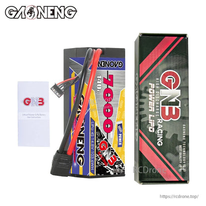 Package contents: GAONENG GNB 7000mAh hard case LiPo battery, retail box, and leaflet