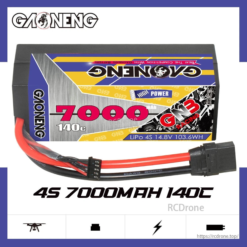 GAONENG GNB 4S 7000mAh 140C LiPo battery graphic showing wires and connector layout