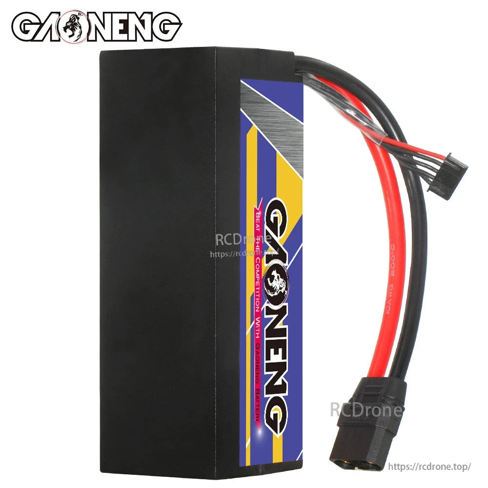 Side view of GAONENG hard case LiPo battery showing case profile and attached leads