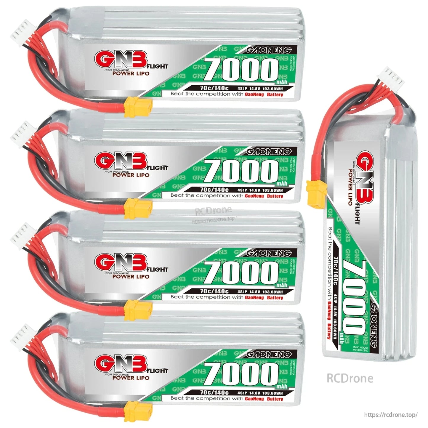 Five-pack display: four GN3 7000mAh packs stacked plus one upright pack showing label and wiring