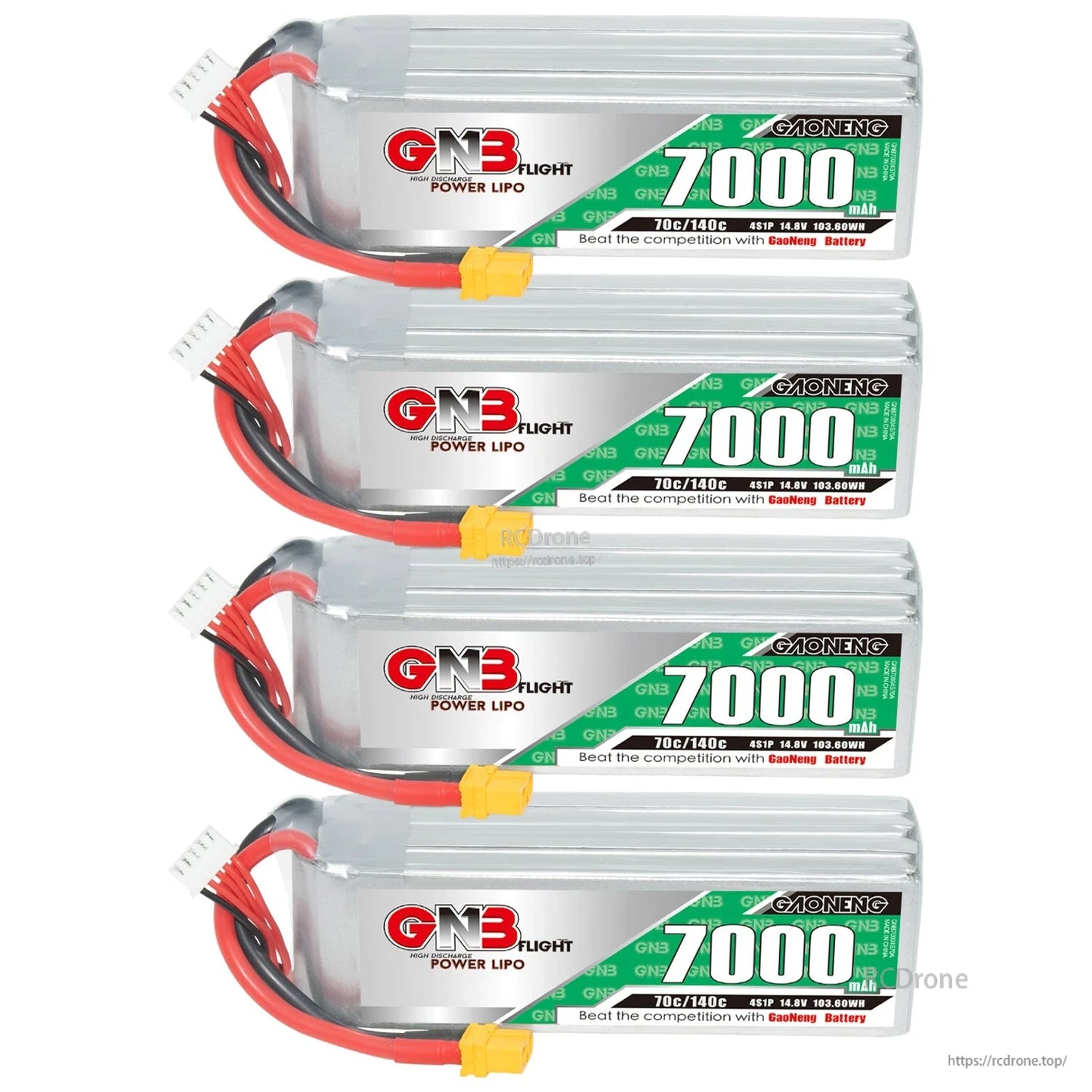 Four GN3 7000mAh LiPo battery packs stacked with leads on the left and XT60 connectors visible