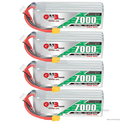 Four GN3 7000mAh LiPo battery packs stacked with leads on the left and XT60 connectors visible