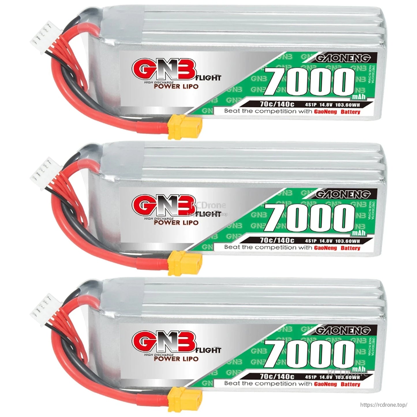 Three GN3 7000mAh LiPo battery packs stacked horizontally with XT60 plugs and balance leads