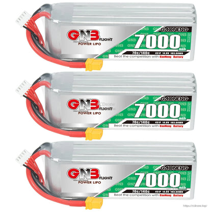 Three GN3 7000mAh LiPo battery packs stacked horizontally with XT60 plugs and balance leads