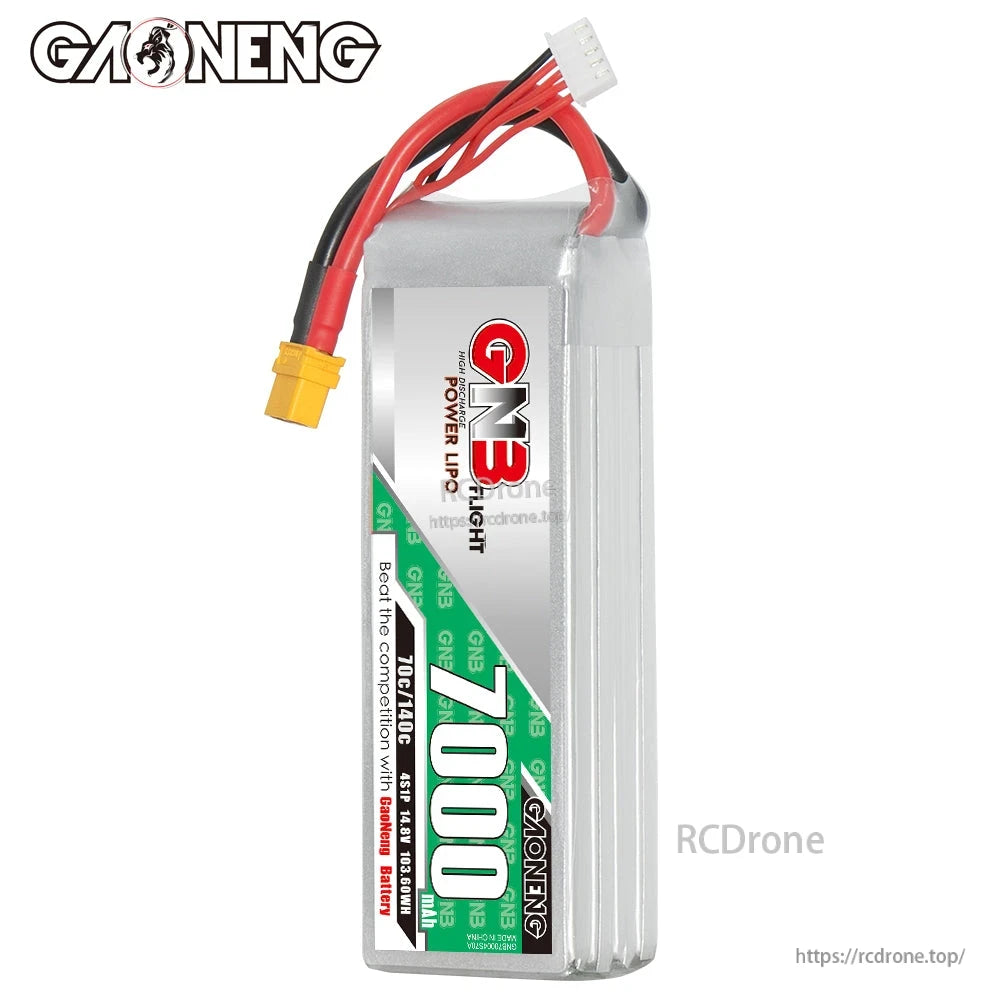Vertical front view showing GN3 label, 7000mAh marking, and attached XT60 lead and balance plug