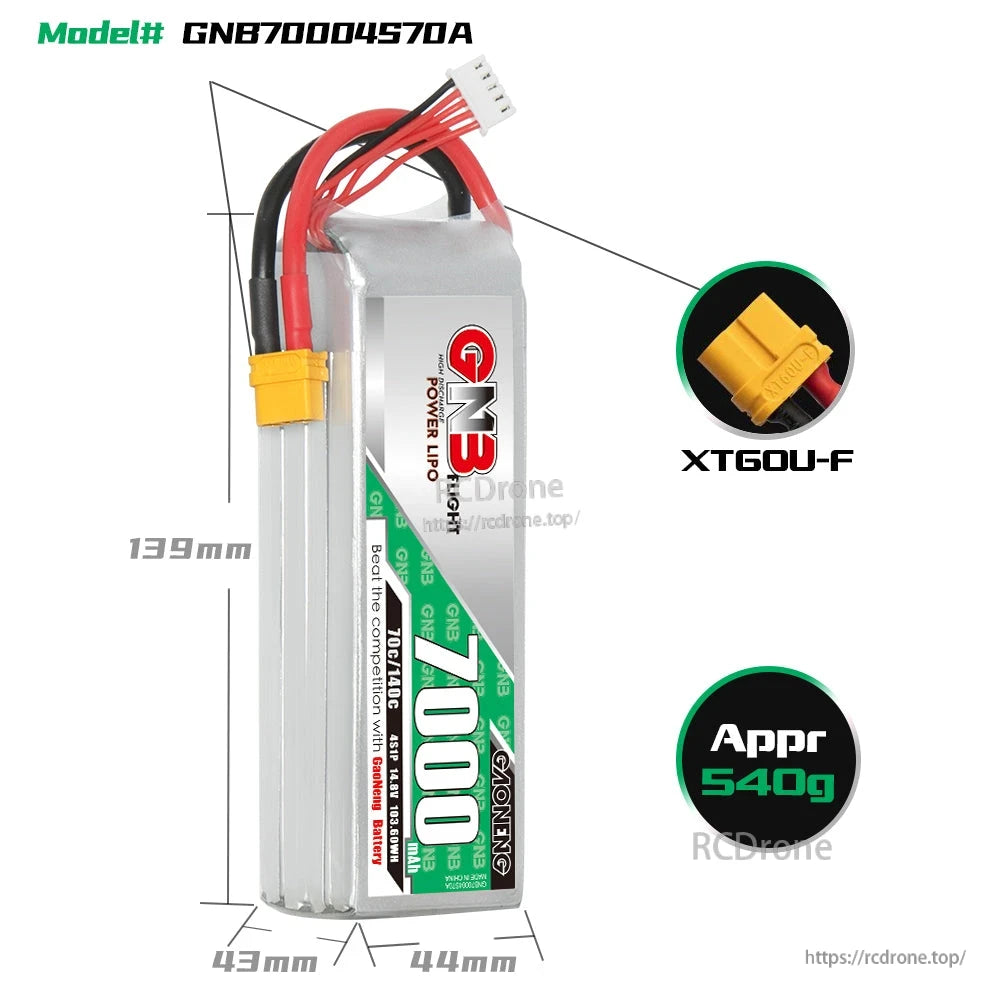 GNB70004S70A size diagram with dimensions, XT60U-F connector close-up, and approx 540g weight icon