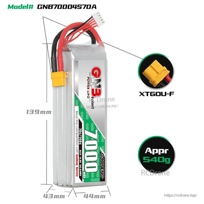 GNB70004S70A size diagram with dimensions, XT60U-F connector close-up, and approx 540g weight icon