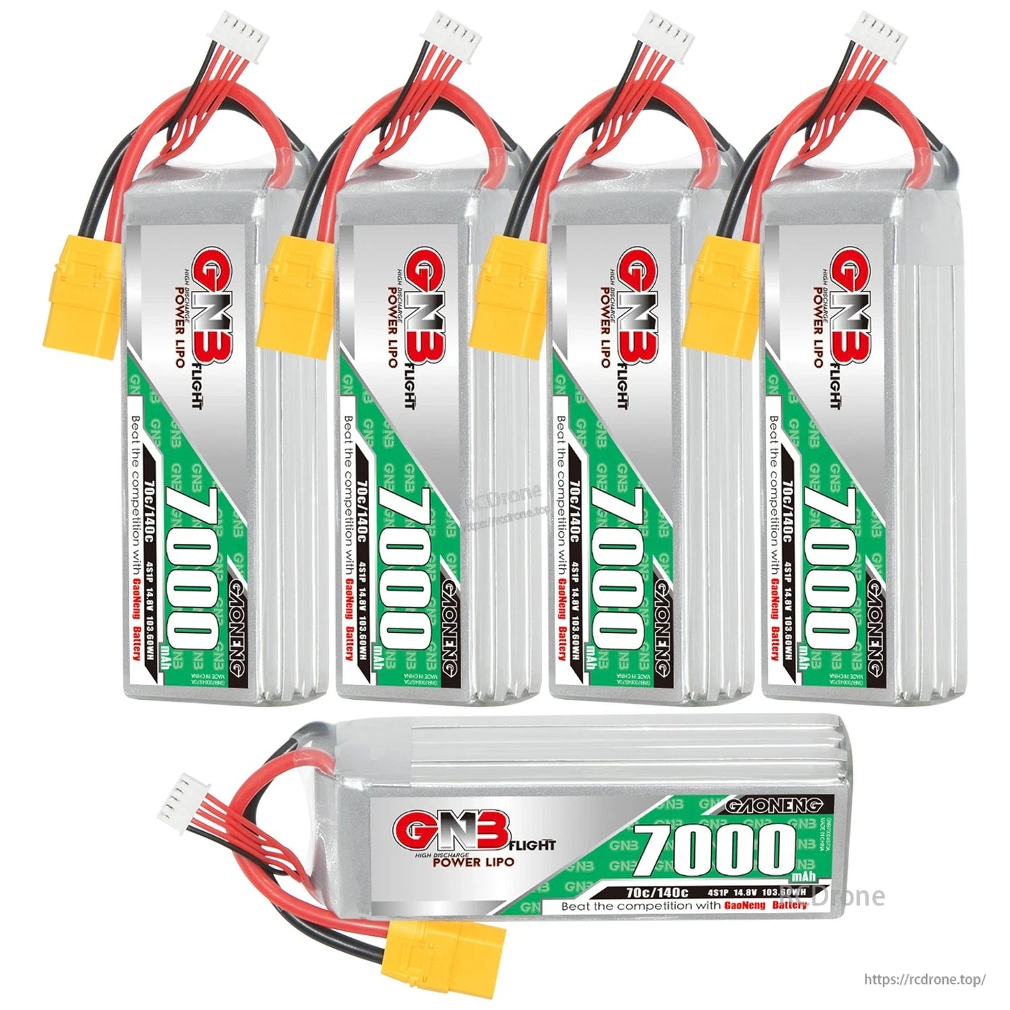 Five-pack display: four GNB 7000mAh batteries upright plus one battery shown horizontally