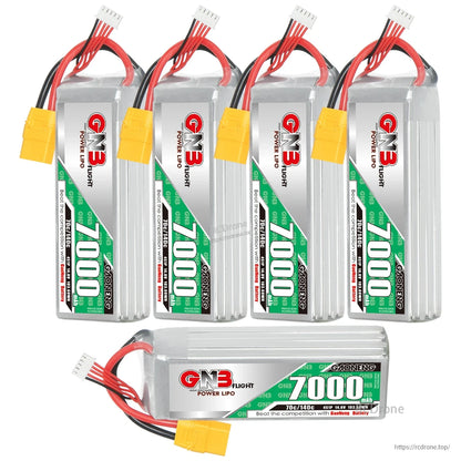 Five-pack display: four GNB 7000mAh batteries upright plus one battery shown horizontally