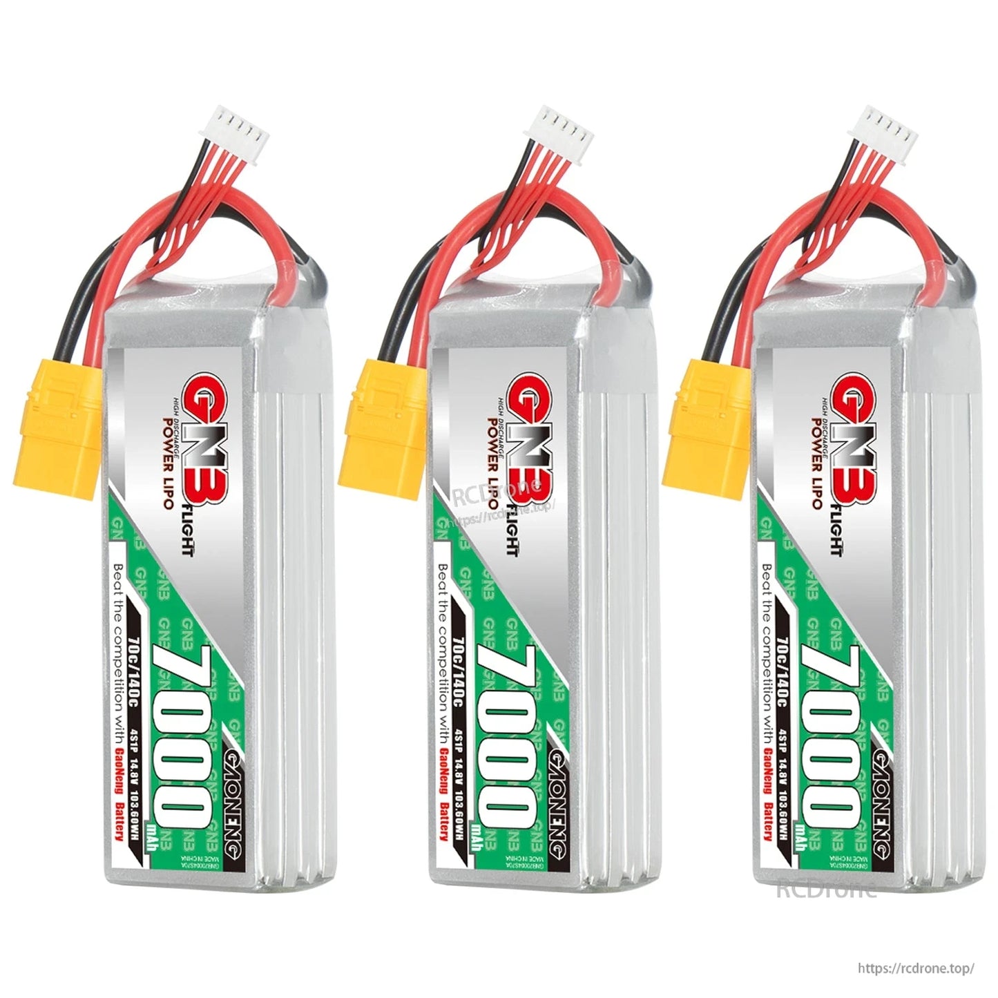 Three GAONENG GNB 7000mAh LiPo batteries shown upright with XT90 connectors