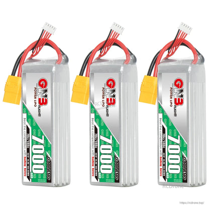 Three GAONENG GNB 7000mAh LiPo batteries shown upright with XT90 connectors