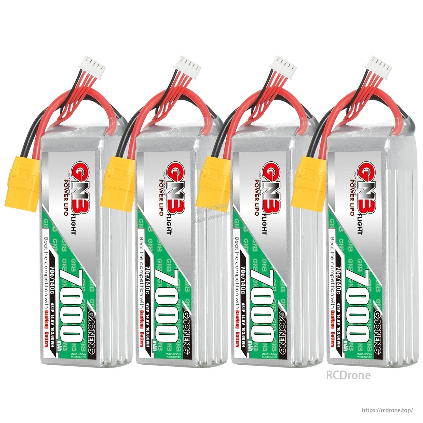 Four GAONENG GNB 7000mAh LiPo batteries lineup with balance leads and XT90 plugs