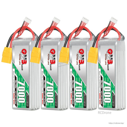 Four GAONENG GNB 7000mAh LiPo batteries lineup with balance leads and XT90 plugs