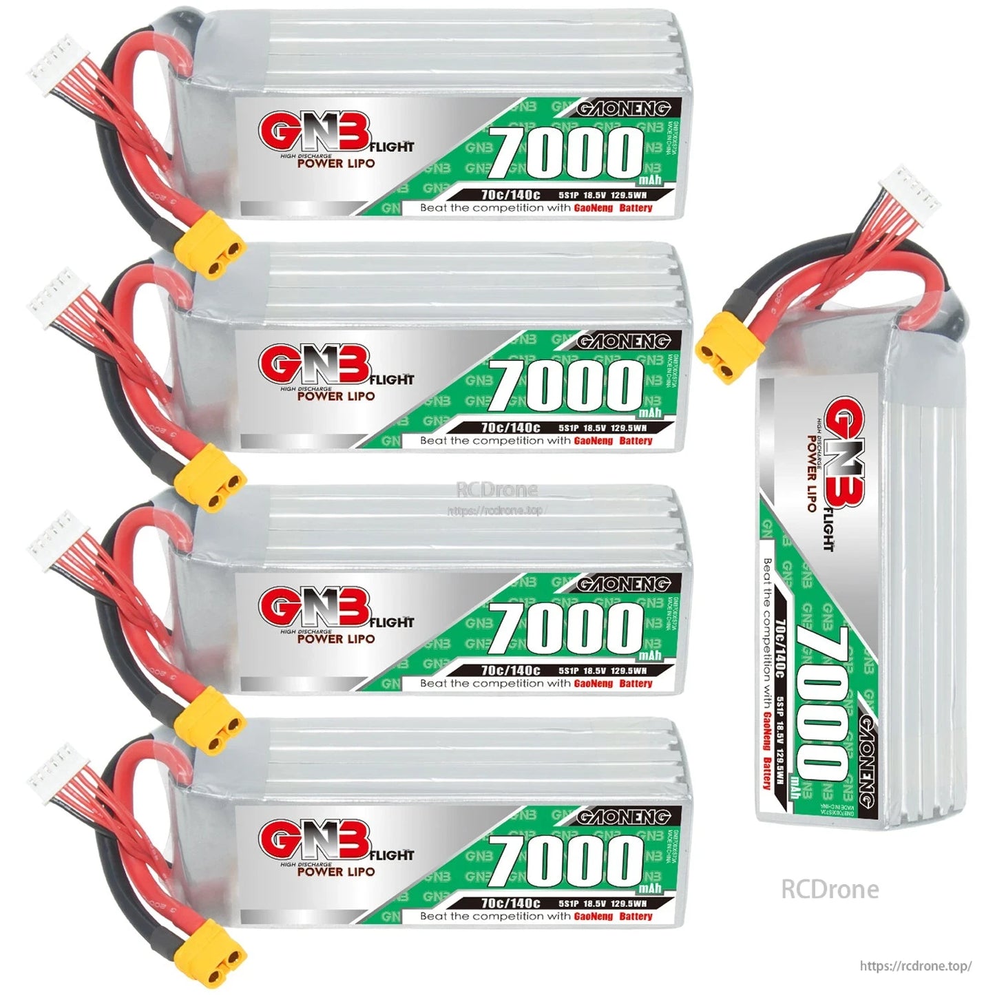 Five-battery display: four horizontal packs plus one upright GAONENG 7000mAh LiPo with XT60 leads