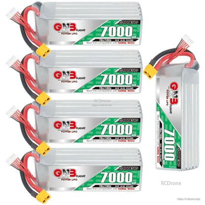 Five-battery display: four horizontal packs plus one upright GAONENG 7000mAh LiPo with XT60 leads