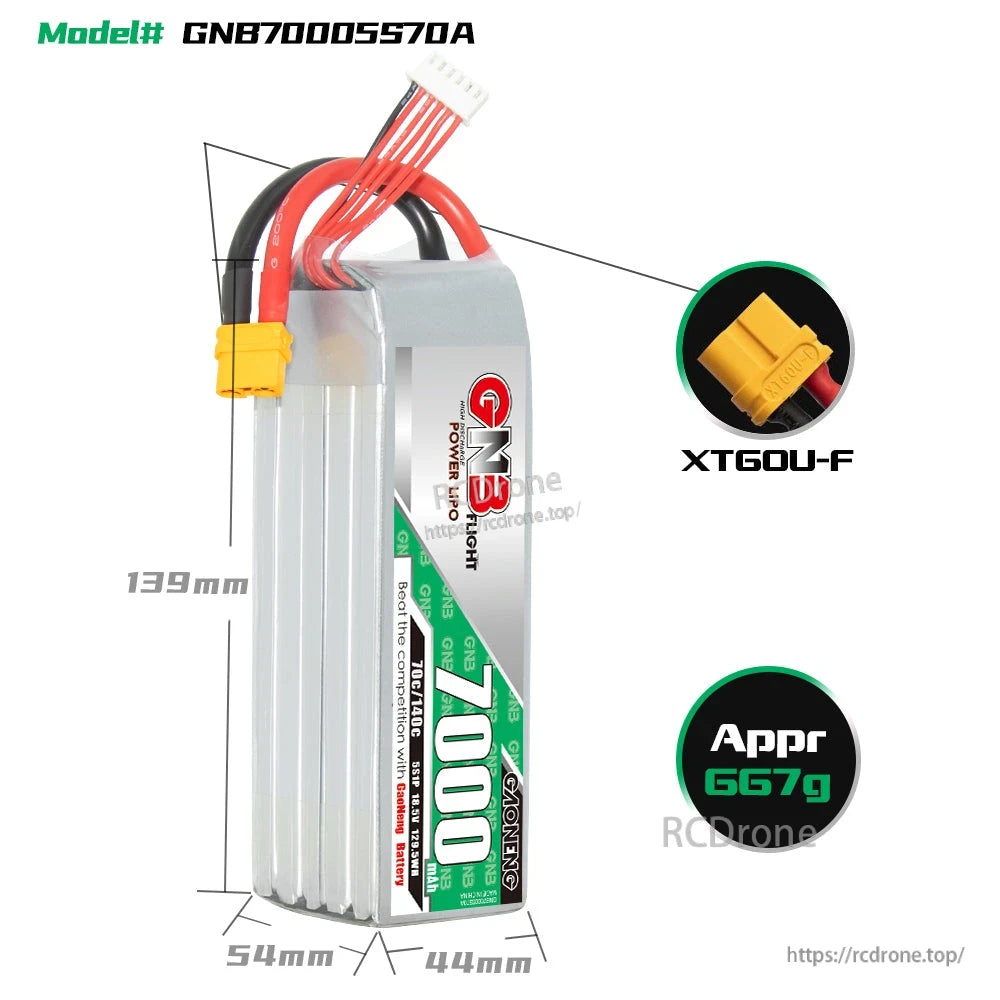 GNB70005S70A battery dimensions diagram (139×54×44mm) with XT60U-F connector close-up