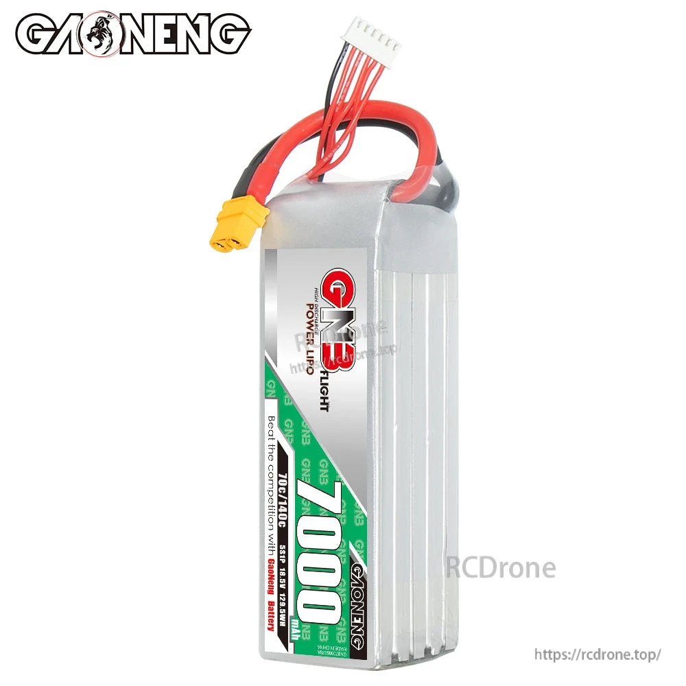 GAONENG GNB 7000mAh LiPo battery standing upright, label side and wiring shown