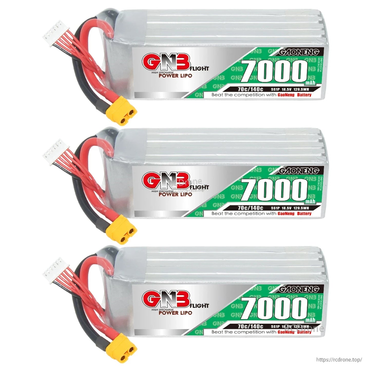 Three GAONENG 7000mAh LiPo batteries stacked, showing labels, XT60 connectors and balance leads