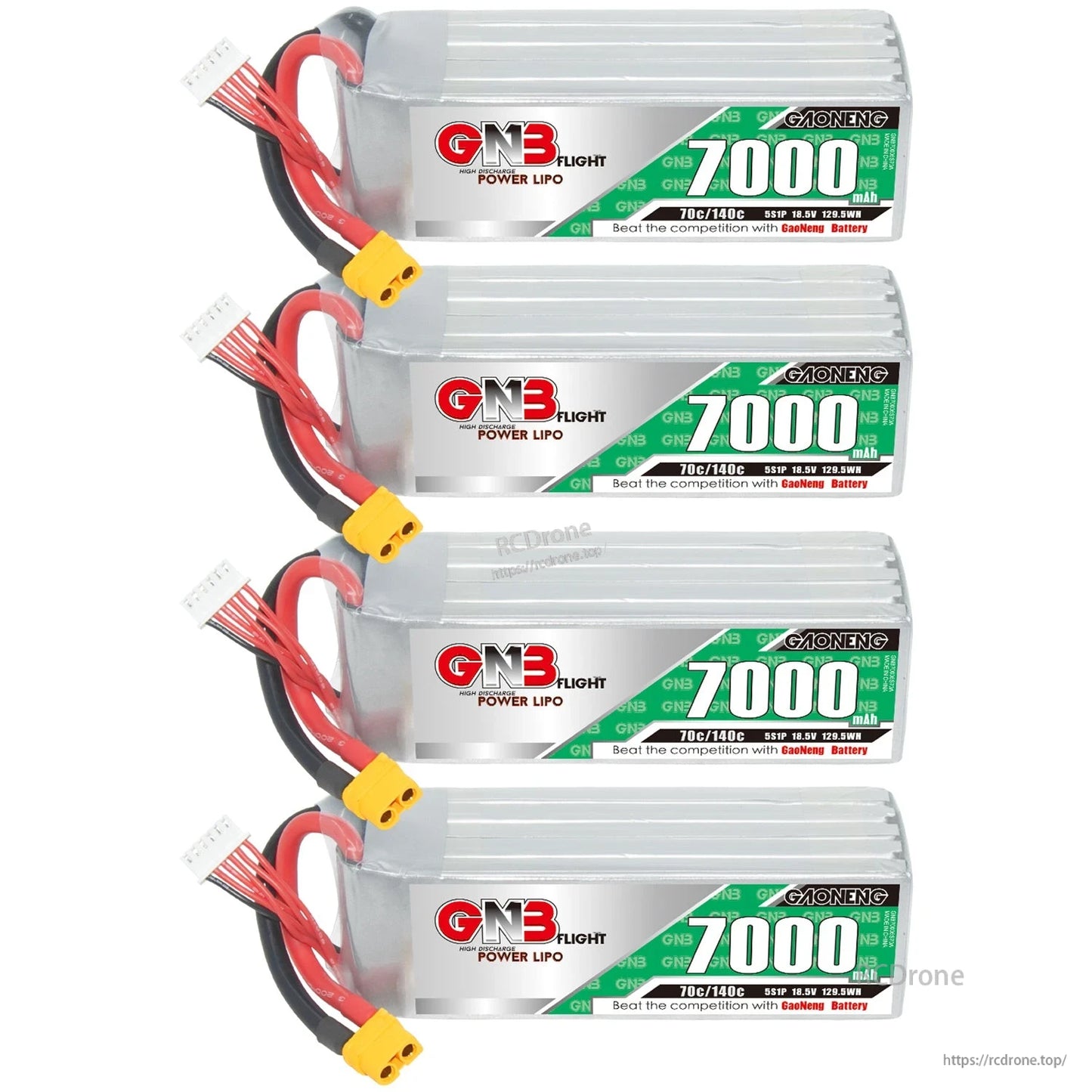 Four GAONENG 7000mAh LiPo batteries stacked, labels visible with XT60 connectors