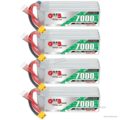 Four GAONENG 7000mAh LiPo batteries stacked, labels visible with XT60 connectors