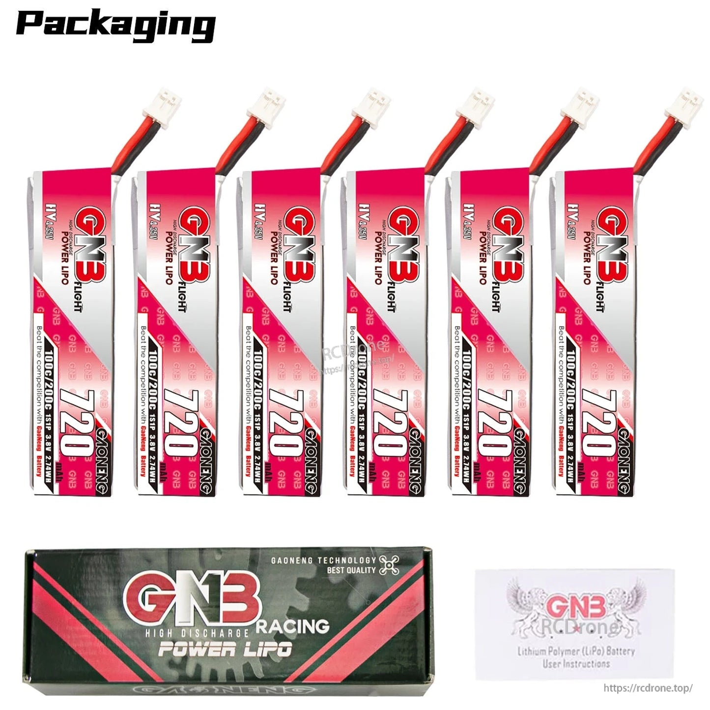 Packaging contents: six GNB720 batteries shown with GNB Racing Power LiPo retail box and instructions