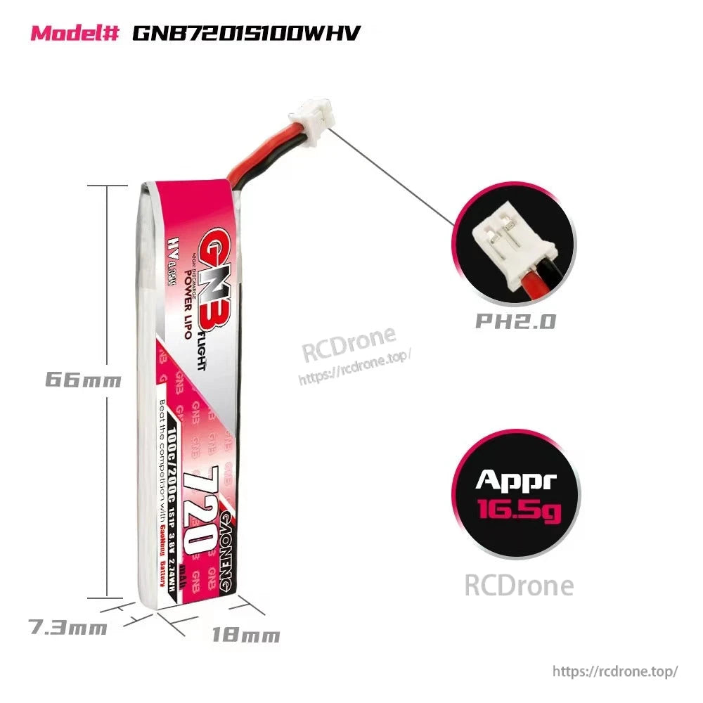GNB720 1S battery dimensions 66×18×7.3mm with PH2.0 plug detail and approx 16.5g weight