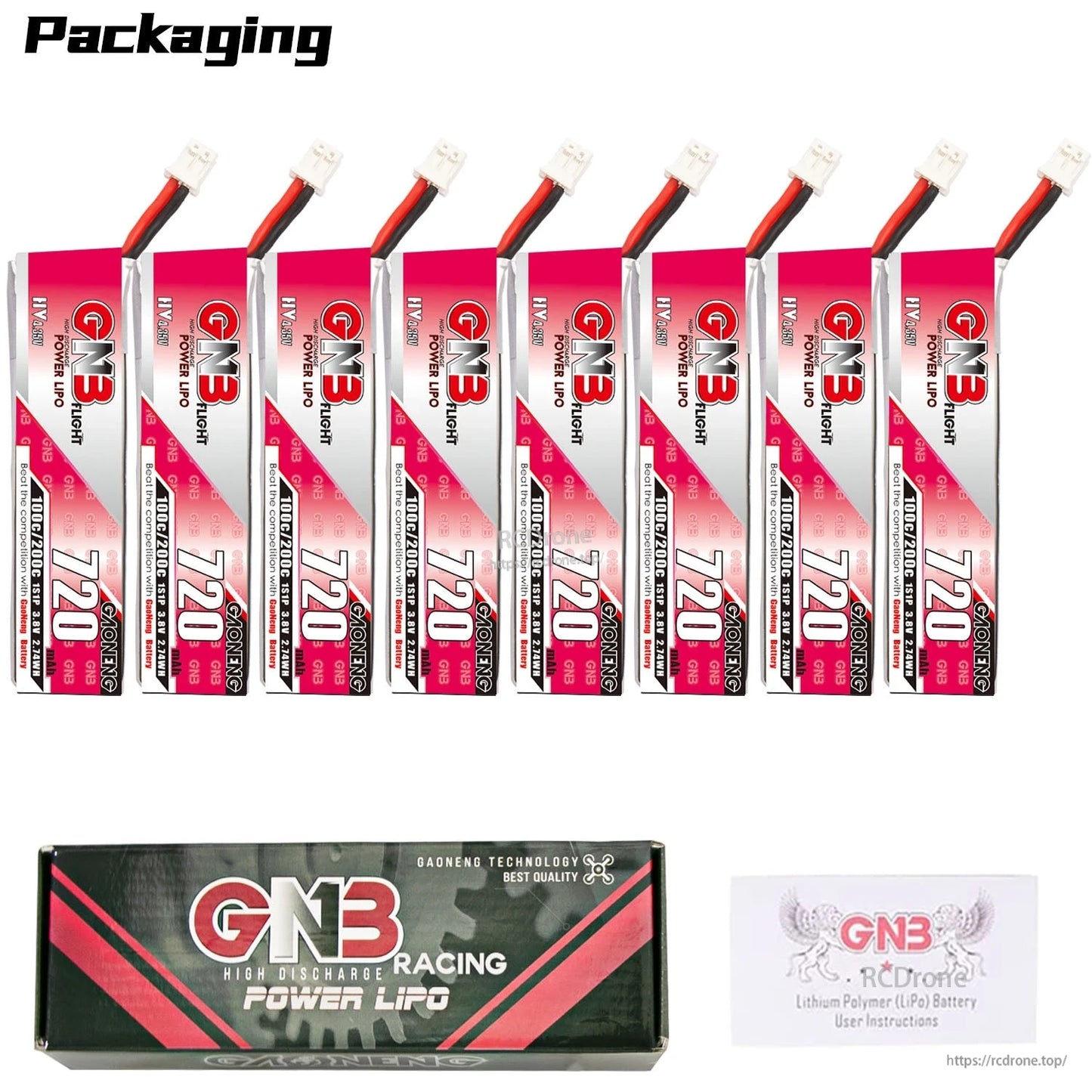 Packaging contents: eight GNB720 batteries with GNB Racing Power LiPo retail box and instruction card