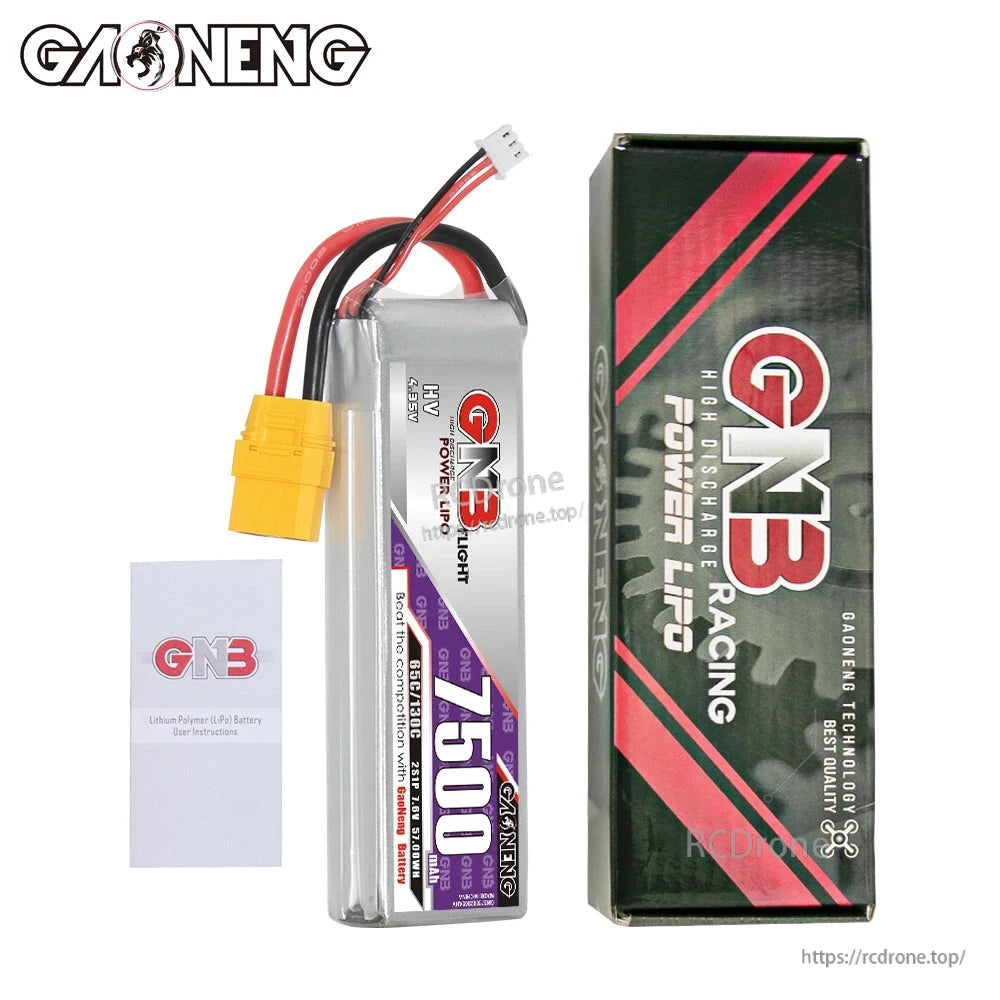 Package contents: GNB 7500 battery, retail box, and user manual card