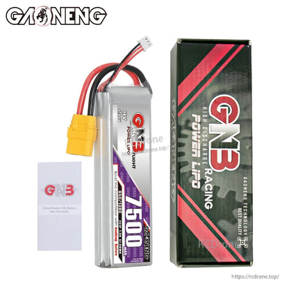Package contents: GNB 7500 battery, retail box, and user manual card