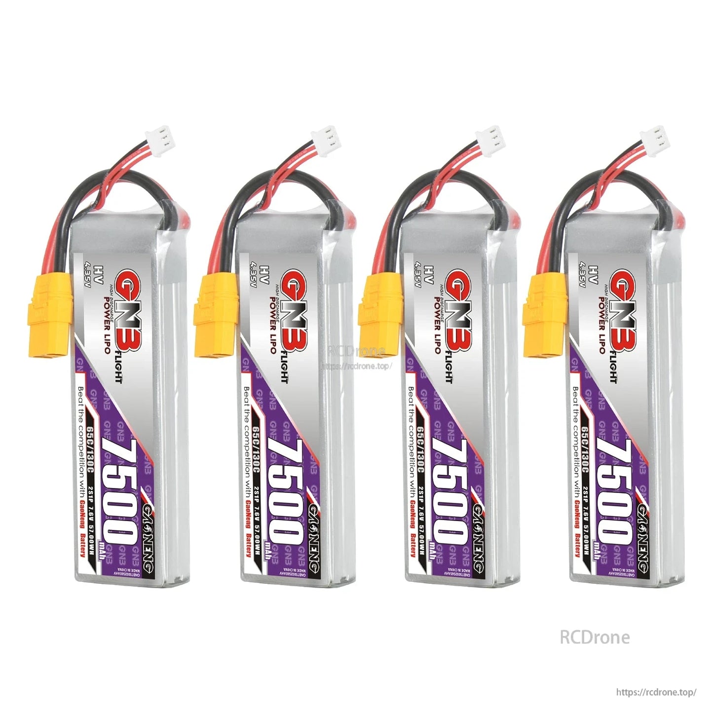 Four-pack set of GNB 7500mAh HV 2S LiPo batteries with XT90 connectors, upright row