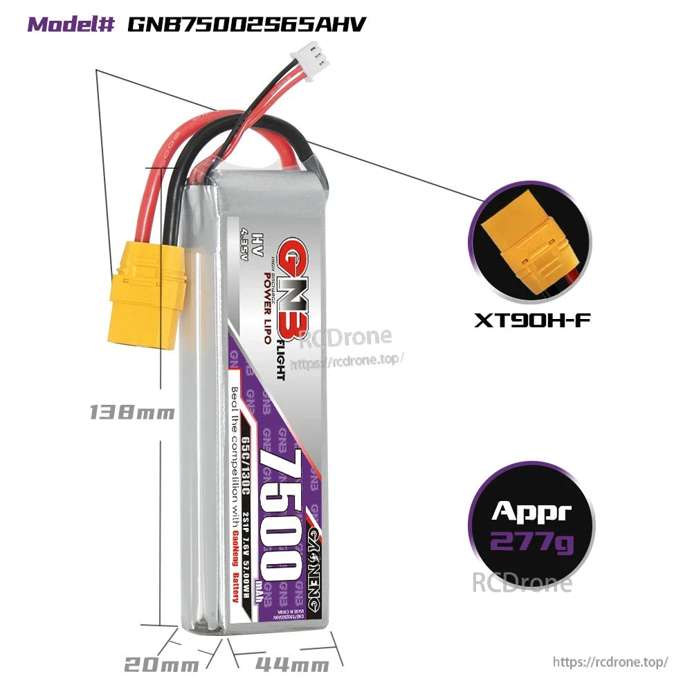 GNB75002S65AHV size and weight diagram with XT90H-F connector callout (approx 277g)