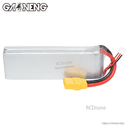 Rear/side view of silver LiPo pack with wires, XT90 connector and white balance plug