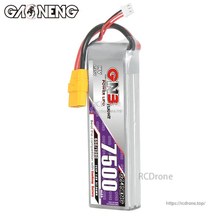 Front label view of GNB 7500mAh HV 2S LiPo battery showing branding and spec strip