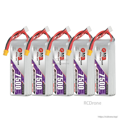 Five GNB 7500mAh HV 4S LiPo batteries displayed in a row with wiring and XT60 plugs visible