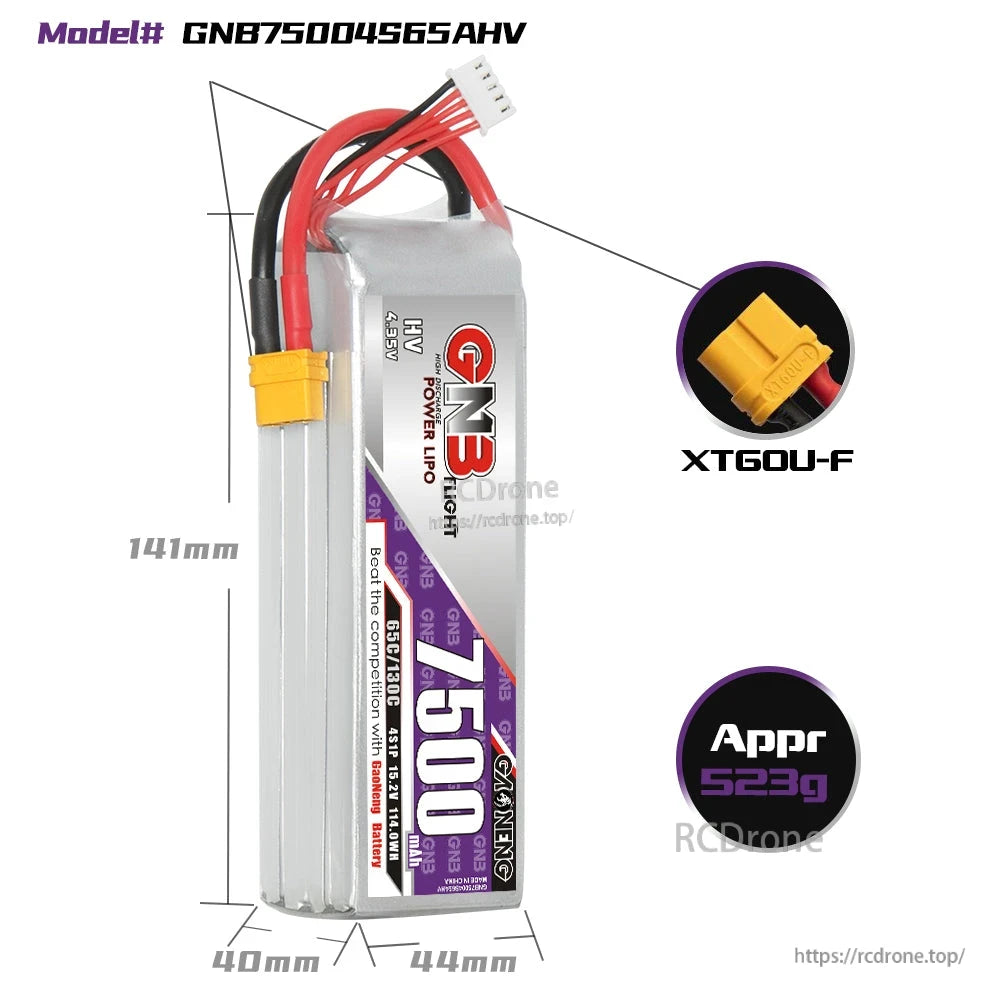 Size diagram for GNB75004S65AHV battery showing 141×44×40 mm, XT60U-F connector, approx 523 g