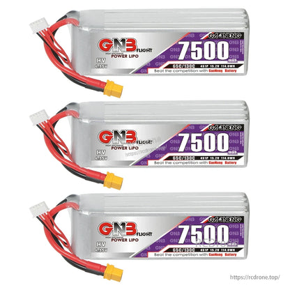 Three GNB 7500mAh HV 4S LiPo batteries shown stacked horizontally with XT60 leads