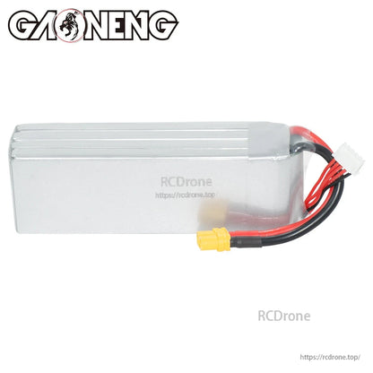 Plain back/side view of LiPo pack showing silver shrink wrap and XT60 lead routing