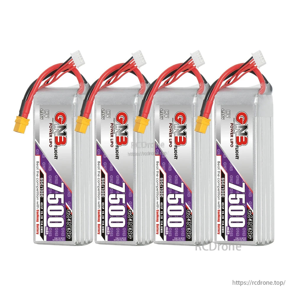 Four GNB 7500mAh HV 4S LiPo battery packs lined up, each with XT60 connector and balance lead