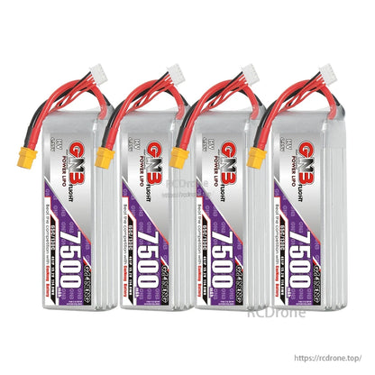 Four GNB 7500mAh HV 4S LiPo battery packs lined up, each with XT60 connector and balance lead