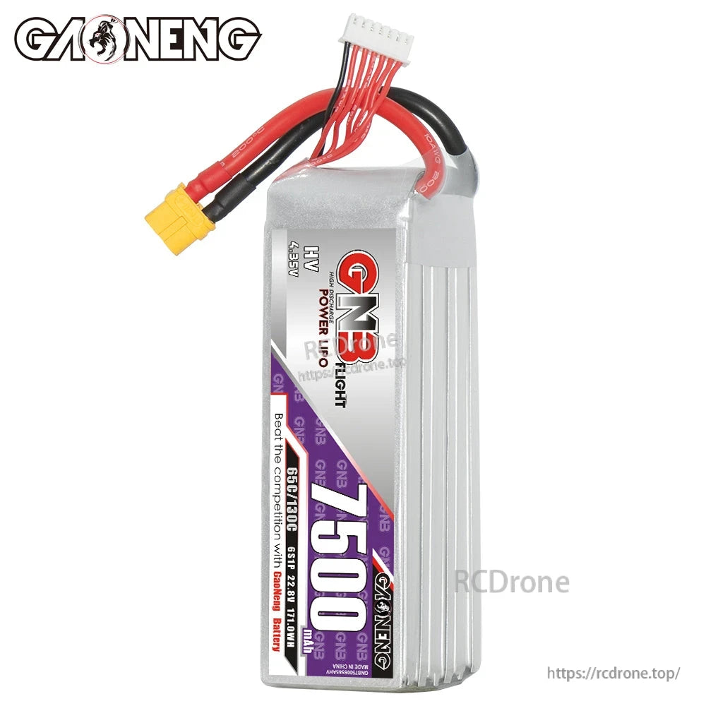 Vertical front view of GNB 7500mAh LiHV LiPo battery showing 7500 label and balance lead