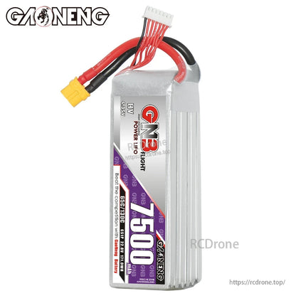 Vertical front view of GNB 7500mAh LiHV LiPo battery showing 7500 label and balance lead
