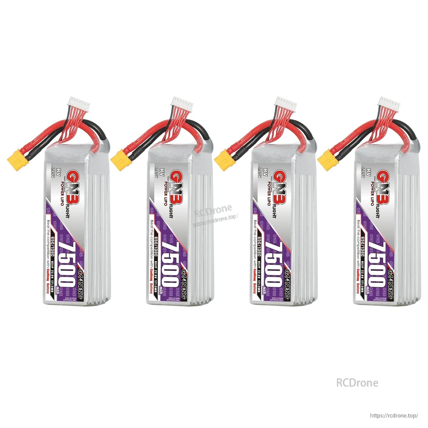 Four GNB 7500mAh LiHV batteries standing upright with XT60 connectors, group lineup