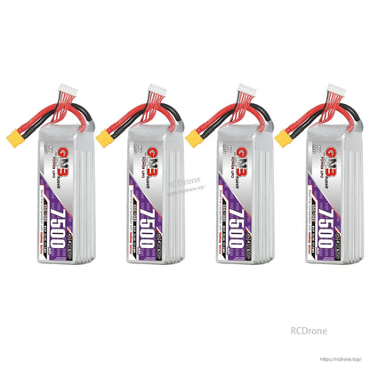 Four GNB 7500mAh LiHV batteries standing upright with XT60 connectors, group lineup